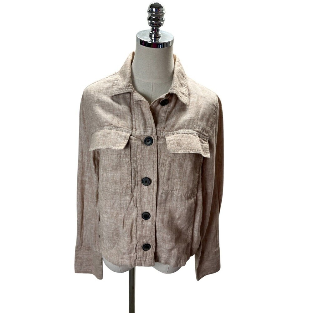 Nicole Miller Top Women's Size Small Beige 100% Linen Button Up